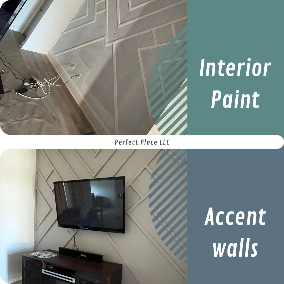 Accent wall with geometric wood trim shown before and after painting