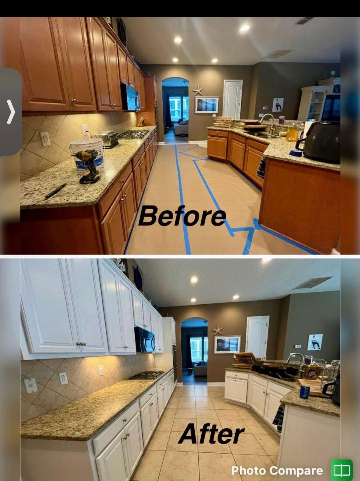 Kitchen cabinets shown before in dark wood and after repainted bright white