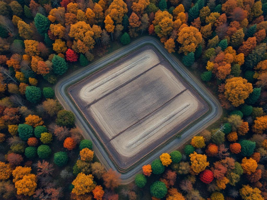 Aerial view of finished clearing surrounded by hardwoods