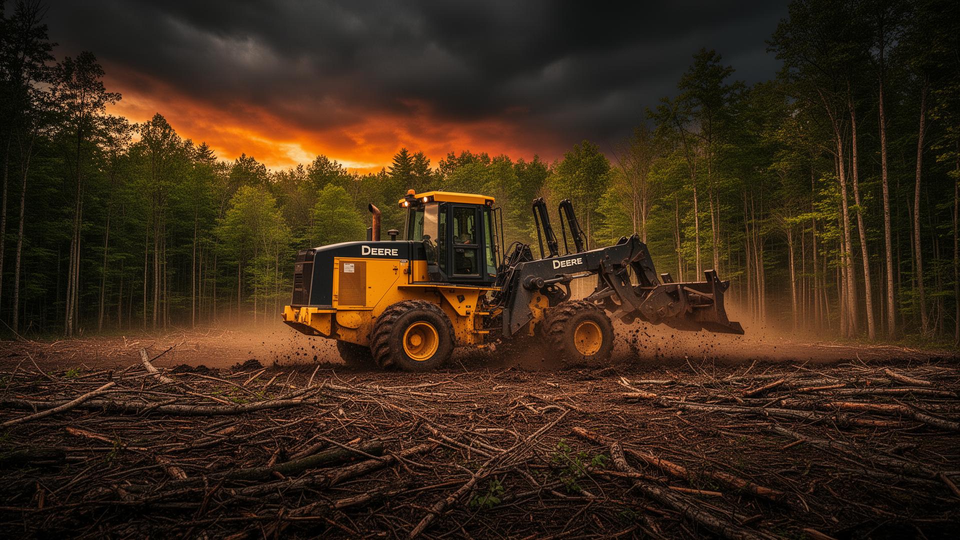 Heavy forestry equipment clearing land at dusk in the Pennsylvania woods